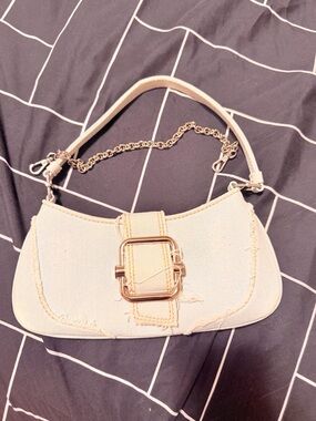 Cream Denim Canvas Shoulder Bag with Gold Buckle and Chain Strap